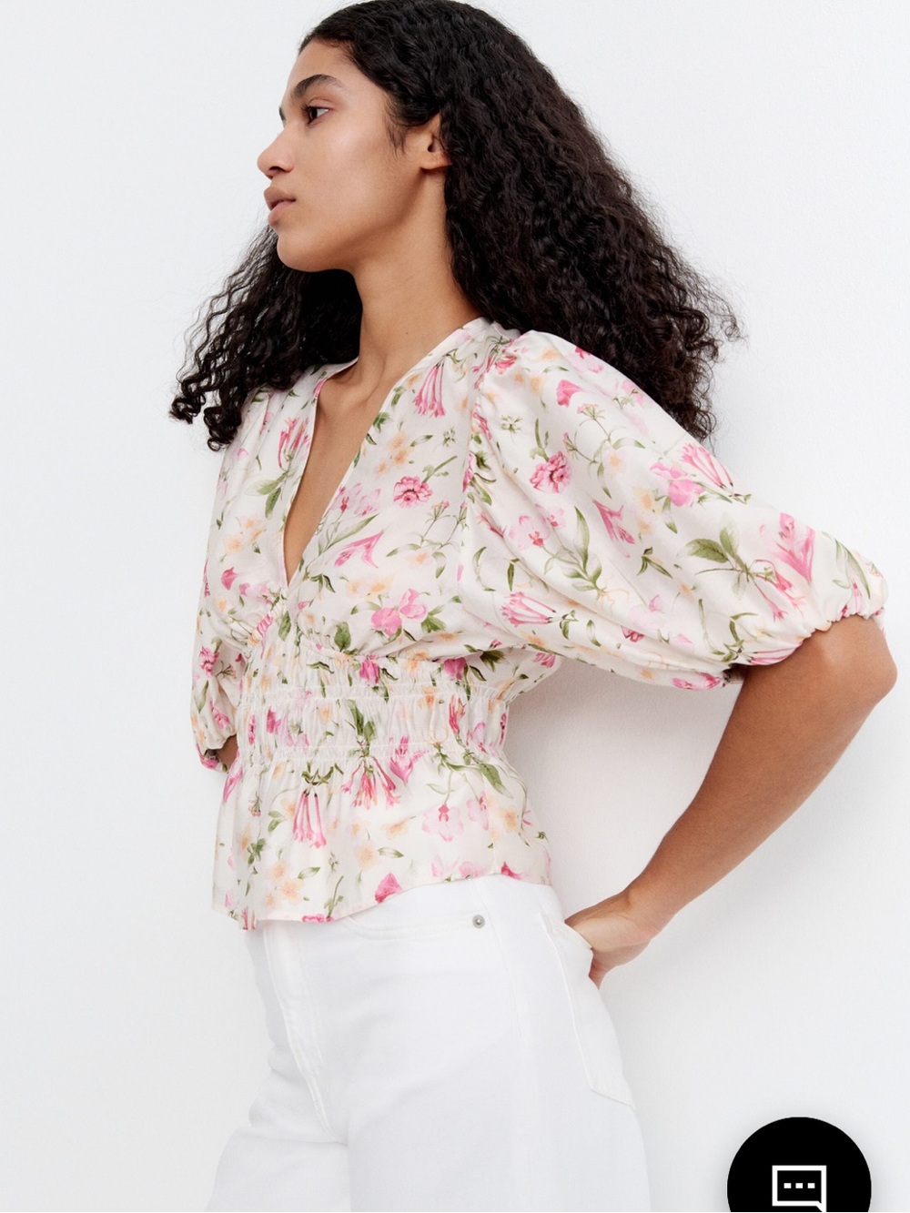 H&M Pink Floral V-Neck Puff-Sleeve Smock Lightweight Blouse Sz XLarge